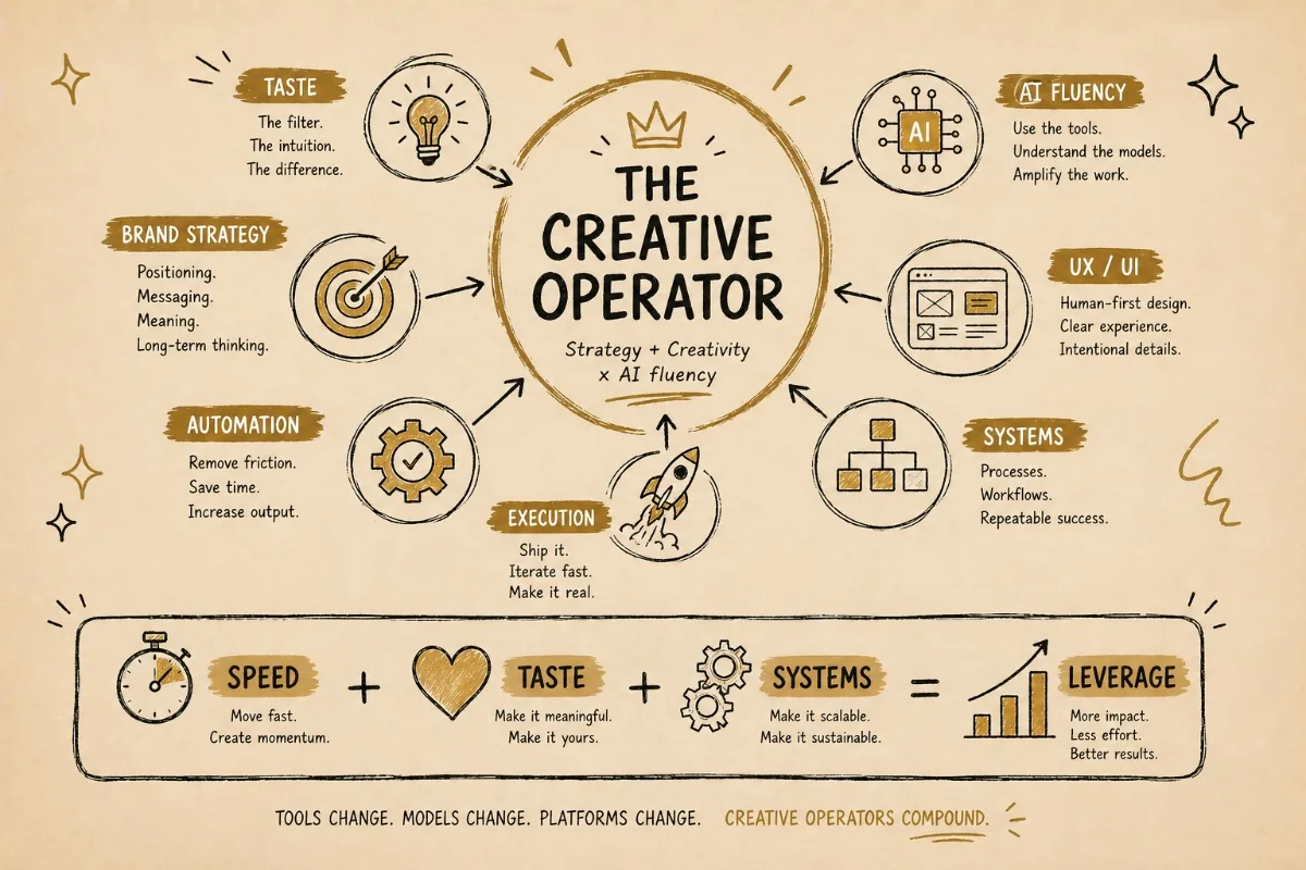 The creative operator diagram: taste, brand strategy, automation, execution, AI fluency, UX and systems arranged around one role — speed plus taste plus systems.