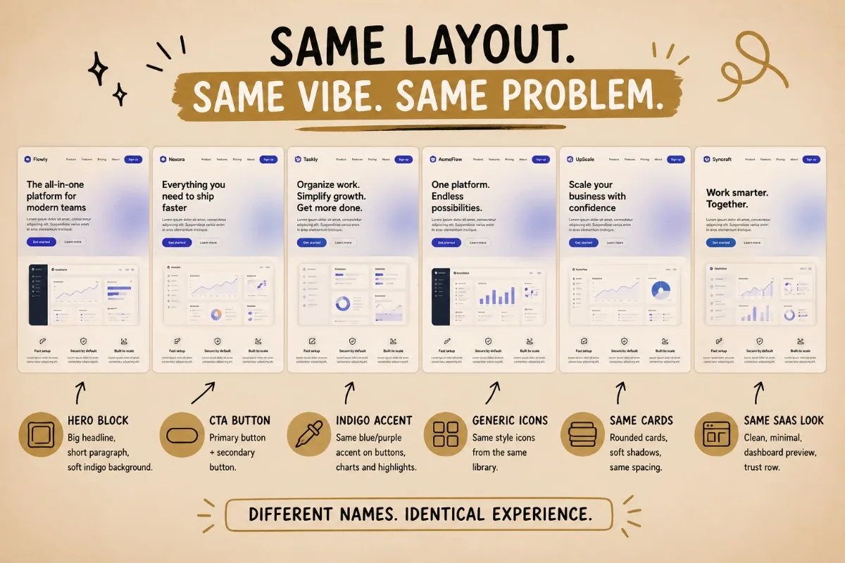 Six fictional SaaS landing pages side by side, each with the same hero block, CTA button, indigo accent and card grid — different names, identical experience.