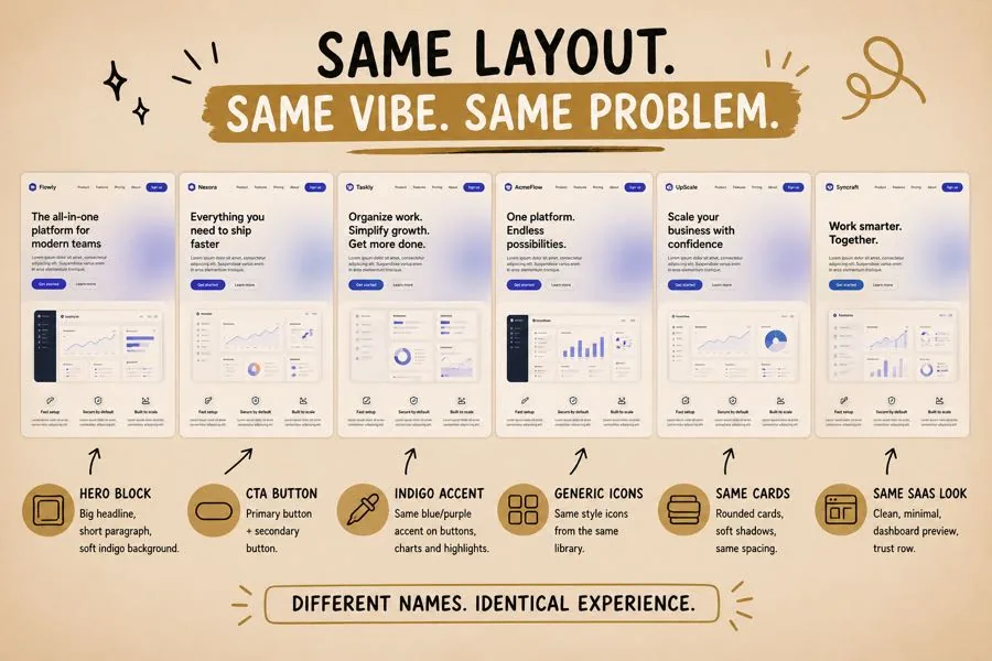 Same layout, same vibe, same problem: a visual comparison of generic SaaS layouts and repeated design patterns.