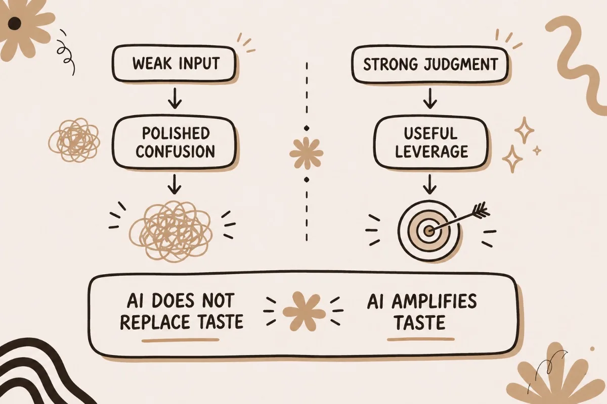 Weak input becomes polished confusion; strong judgment becomes something useful. AI does not replace taste — it amplifies it.