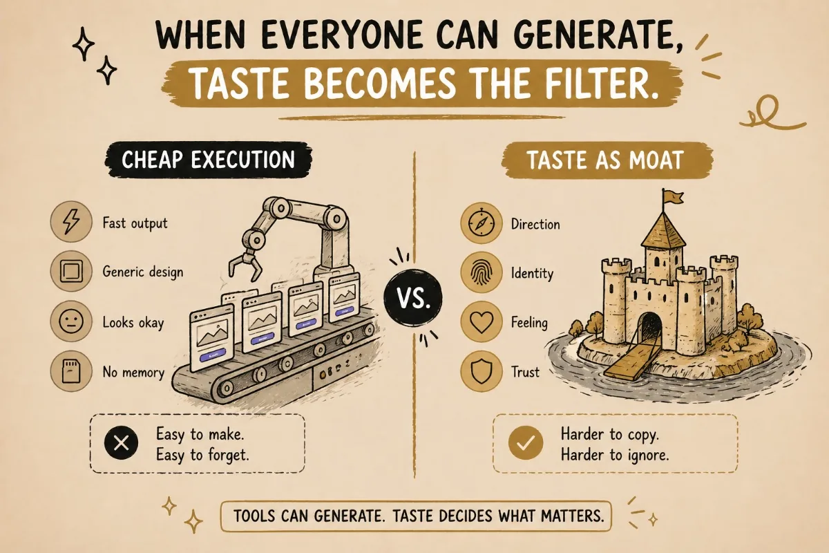 Hand-drawn comparison: cheap execution as an assembly line of identical pages, versus taste as a castle with a moat — easy to make and easy to forget, against harder to copy and harder to ignore.